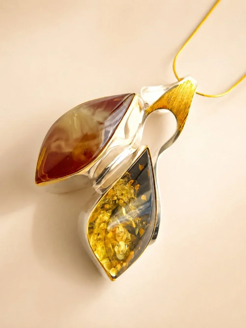 Tomosz Artszok Handmade Baltic Amber Pendant Necklace - Sterling Silver 14k Gold - Picture 3 of 6